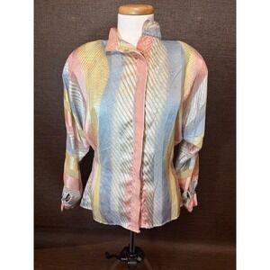 Stuart Lang Vintage Pastel Stripe Mock Neck Blouse Pink Blue Yellow Size 8 USA